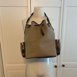 Prada Canvas Bucket Bag with Leather Trim.